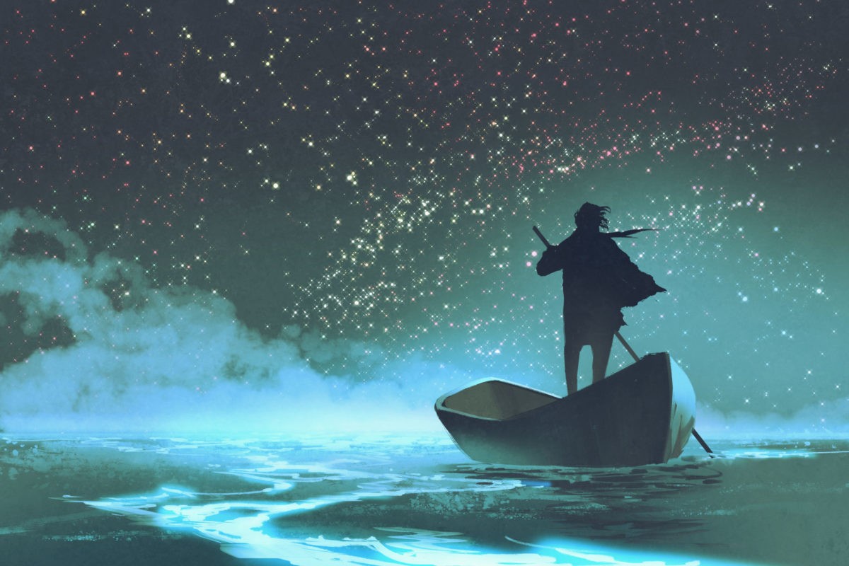 夜に船で大海原を渡る男